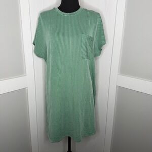 Yesfashion Shirt Dress Womens XL Green Striped Ribbed Knit Pocket Short Sleeve